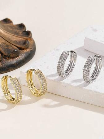 1 Pair Of European And American Electroplated 14k Gold Inlaid Zirconia Earrings For Women, Fashionable And Simple Temperament Earrings And Earrings