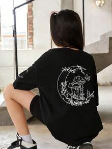 Kaos Lengan Pendek Longgar Kasual Motif Bulan & Jamur untuk Remaja Perempuan - Cocok untuk Sekolah dan Aktivitas Luar Ruangan di Musim Semi/Panas - Hitam - View 8