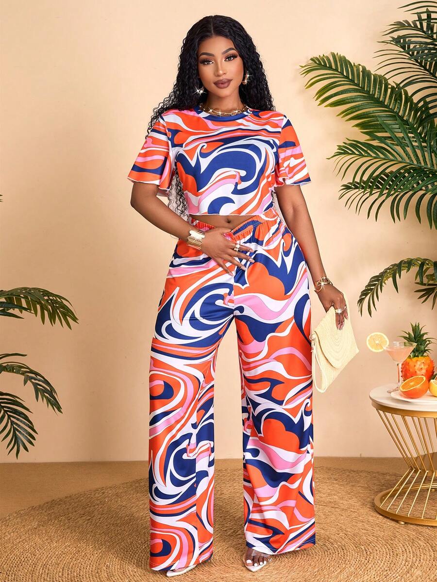 新款大码女式休闲度假圆领短袖露脐上衣+阔腿裤两件套（图案随机） - 燃橙色 - 查看 1