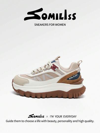 somiliss 1 Pair Women's Casual Sports Shoes, Lace-Up Front, Leather & Fabric Patchwork, Soft & Comfortable, Running Shoes, Fashion Thick Sole 6cm Increase, Outdoor Walking Shoes, Apricot Color