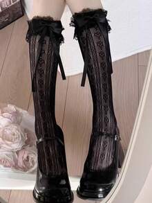 1双日系洛丽塔蕾丝边过膝袜，女士薄款腿套，蝴蝶结蕾丝镂空爱心腿套，优雅哥特洛丽塔图案袜子，适合时尚日常穿着