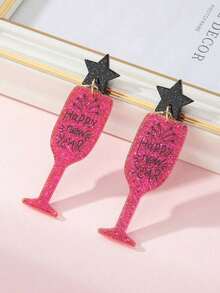 1 Pair Sparkling "Happy New Year" Wine Glass Inspired Fashion Jewelry Earrings, Perfect Gift For Holiday Parties - Hot Pink - View 10
