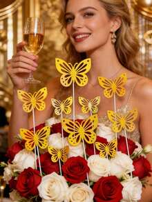 30Pcs Butterfly Birthday Cake Topper,Gold,Butterfly Decor,Flower Bouquet Accessories Set,For Wedding Birthday Party Valentine's Day,Valentine's Day Gift Packaging Decorations, Cake Decorations, Flower Decorations, Centerpieces For Tables, Wedding Party, Hotel, Bedroom Lights, Scene Arrangements; - Gold - View 5