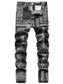 Pantalones slim straight elásticos bestseller de estilo callejero occidental, con impresiones 3D de anacardos y diseño personalizado de moda - Negro - Ver 9