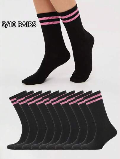 5/10 Pairs Women's Soft Comfortable Striped Black Mid-Calf Socks, Suitable For Daily, Outdoor, Casual, Sports Matching With Loafers, Sneakers, All Seasons