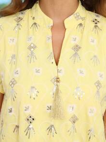 Elegant Silver Beaded Embroidered Arabic Style Dress, V-Neck Hooded Short Sleeve Mesh Patchwork Skirt, Fashionable Creative Luxury Elegant 2026 New Style Ramadan Traditional - Yellow - View 3