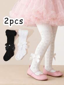 2 chiếc quần tất jacquard họa tiết nơ trái tim mới cho bé gái mùa xuân/thu, trang trí nơ, dễ thương và nữ tính, phù hợp để phối đồ hàng ngày. - Đen và trắng - Xem 9