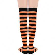 Zando Womens Thigh High Socks Striped High Knee Socks Knee High Socks For Cosplay Long Socks Over The Knee Leg Warmers,OneSize,ABlack&OrangeStripes - 黑橙條紋 - 查看 3