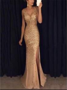 Women's Elegant Gold Sequin Maxi Dress Fall Winter Sexy New Cut Formal Ball Gown - Vàng - Xem 2