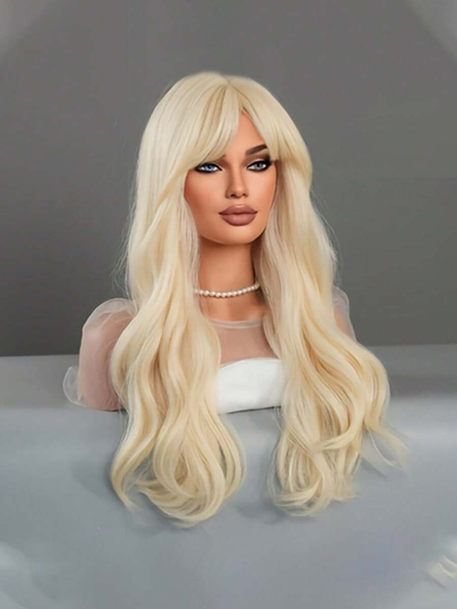 24 Inch Long White Wig With Bangs, Natural Wavy Curly Synthetic Hair Wig, Suitable For Women For Daily Wear, Cosplay, Party, Fashion, School, Daily Party, Cosplay, Holiday Travel, New Year Carnival Music Festival Cosplay, An Ideal Gift For Girls, Summer Graduation Gift, Ready-Made Gift, Halloween Christmas Gift
