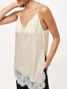Women's Elegant Satin Camisole, Lace Patchwork Split Hem Fashionable Sleeveless Top, Solid Color Open Back Lace Splice Stylish Streetwear Casual Date Wear, Summer - Apricot - View 5