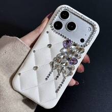 Elegant Rhombus Fashion Silver-Purple Rhinestone White Leather Phone Case Compatible With IPhone 17 Pro Max/17 Pro/17, 16 Pro Max/16 Pro/16, 15 Pro Max/15 Pro/15, 14 Pro Max/14 Pro/14, New 13 Pro Max/13 Pro/13 Rhinestone Leather Phone Case - White - View 2