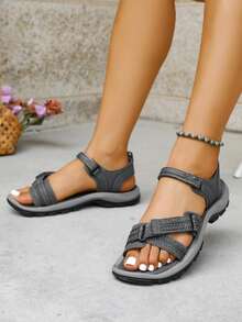 Women's Summer Sandals, Roman Style Open Toe Thin Strap Flat Sandals, Beach Woven Fabric Hook And Loop Strap Women Flat Beach Sandals - Grey - View 3