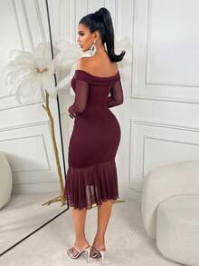 Amarilo Elegant Off-Shoulder Mesh Long-Sleeve Slim Midi Dress, Ruffled Mermaid Hem Party Gown - Perfect For Valentine's Day, Weddings, Parties, Concerts, Raves And Proms - Burgundy - View 2