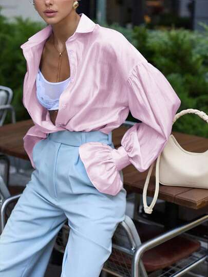 Spring/Summer New Fashion Pink Sweet Fresh Versatile Elegant Loose Lantern Sleeve Long Sleeve Casual Shirt, Elegant Retro Ladies' French Style Satin Lightweight Blouse Top