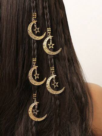 5pcs Eid Mubarak Gold Crescent Moon & Star Decor Set, Boho Cute Hiphop Hair Clips, Headband, Hairpin, Eid Festival Gift, Party Accessories