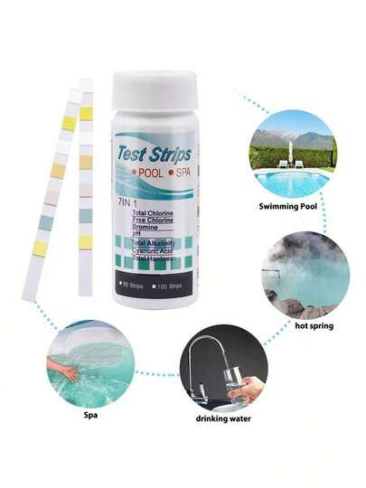 7-In-1 50pcs Water Quality Test Strips, Multi-Functional Swimming Pool And Spa Test Strips, Hot Tub Test Strips, Accurately Measure PH, Hardness, Total Chlorine, Total Alkalinity, Cyanuric Acid, And Bromine, Easily Monitor Pool Water Quality, Suitable For Garden Pool Cleaning, Hot Tubs, And Spas, Portable Tester.