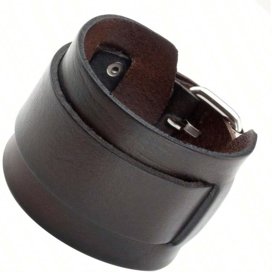 Jovivi Cutom - Pulsera de piel punk personalizada para hombres y mujeres negro café ancho de piel auténtica pulsera ajustable de 7.25 a 9 pulgadas - Rcafsingrabado - Ver 1