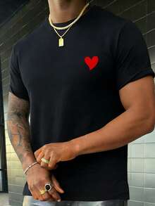 Men's Minimalist Heart Print Round Neck Short Sleeve T-Shirt, Summer