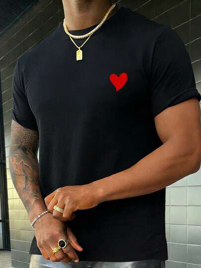 男士简约爱心印花圆领短袖T恤，夏季