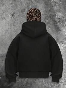 Women's Fashionable Leopard Print Double Hooded Half-Zip Jacket, Customizable With Text/Image Prints, Double Hooded Half-Zip Hoodie - Black - View 5