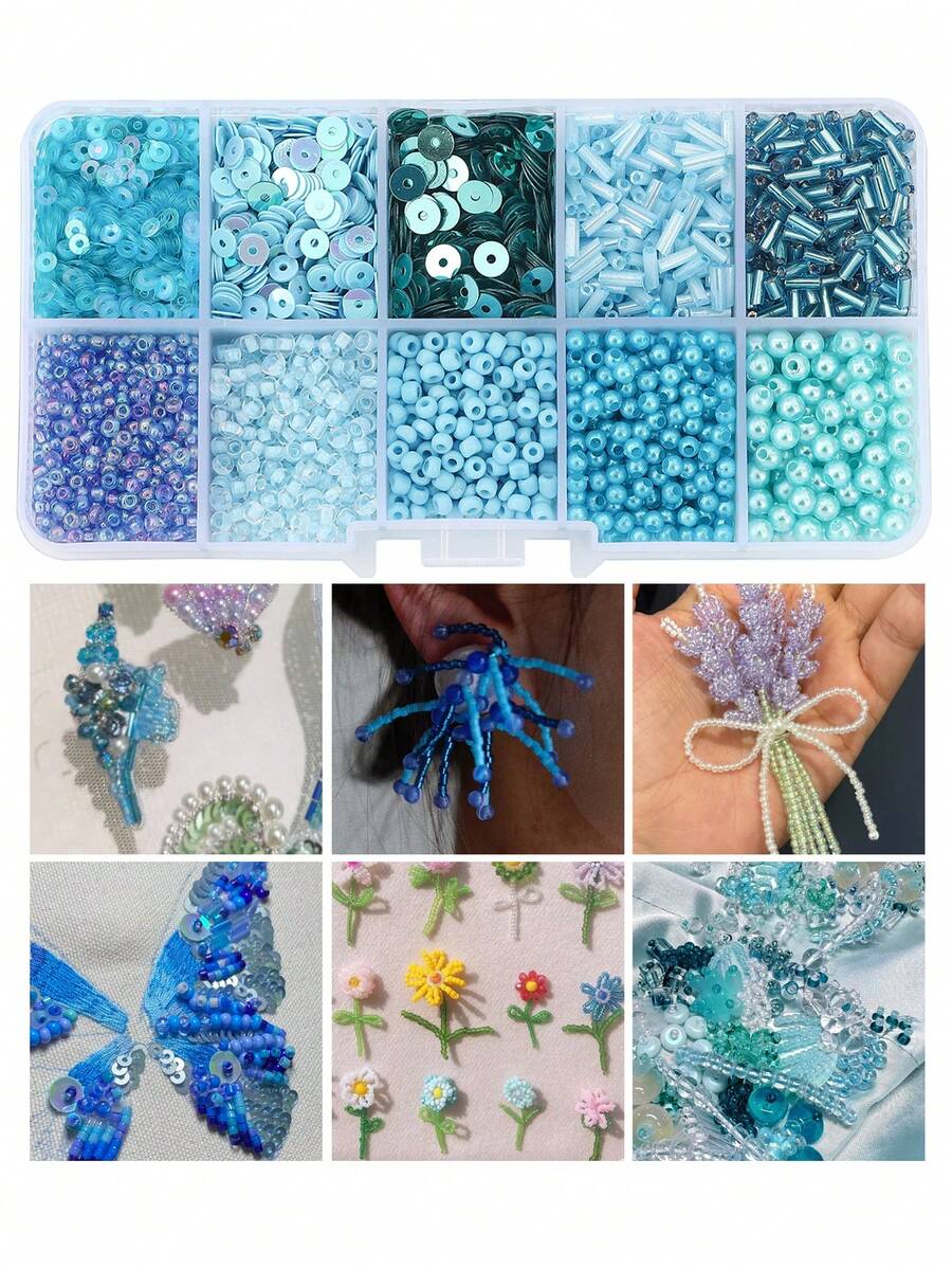 Glass Seed Beads Tube Beads Set, 10 Types Assorted Glass Beads With Sequins For Jewelry Making, Seed Bead Kit For DIY Bracelets, Necklaces, Waist Bead Making Kit Craft Supplies - 藍色 - 查看 1