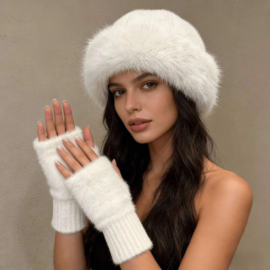 Women's Elegant White Mongolian Hat (Half-Covered), Suitable For Winter Wear, Paired With Fingerless Gloves, Made Of Polyester Fabric, Windproof And Warm, No Brim Design, Minimalist Style, Elastic And Snug Fit, Ideal For Daily Wear, Photography, Outdoor Activities, And A Perfect Choice For Women In Winter - Multicolor - View 1