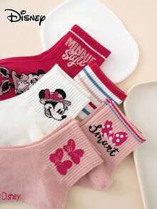 5 pares de calcetines tipo tripulación con diseño de letras y rayas de Minnie Mouse de Disney, cómodos, transpirables y duraderos, para todo el año, tallas europeas/estadounidenses, colores ricos, aptos para uso diario, tela premium, no sudorosos - Multicolor - Ver 4