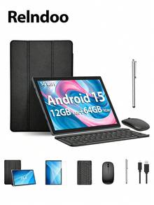 Relndoo Tablet Android 2026 Latest Version, 10.1-Inch Android 15 Tablet, 4-Core CPU, 12GB RAM+64GB ROM, 1TB SD Expansion, 1280*800 Ips Screen, 5MP+8MP Dual Camera Tablets (With Case), Type-C/GMS, Wireless 2.4G+5G WiFi, Tablet PC With Keyboard, Mouse, Stylus, Protective Case, Protective Film, Tablet, Pad (No Adapter)-Black - Black - View 1