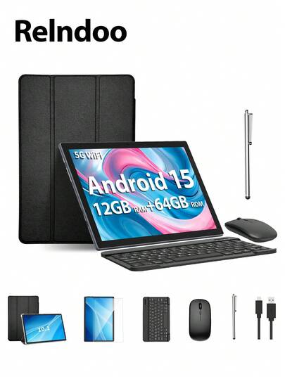 Relndoo Tablet Android 2026 Latest Version, 10.1-Inch Android 15 Tablet, 4-Core CPU, 12GB RAM+64GB ROM, 1TB SD Expansion, 1280*800 Ips Screen, 5MP+8MP Dual Camera Tablets (With Case), Type-C/GMS, Wireless 2.4G+5G WiFi, Tablet PC With Keyboard, Mouse, Stylus, Protective Case, Protective Film, Tablet, Pad (No Adapter)-Black
