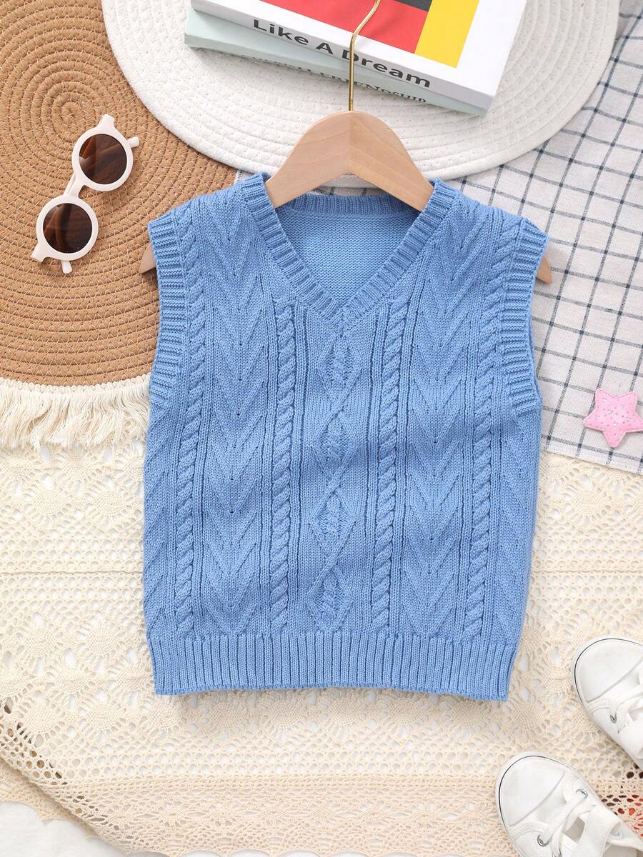Infant Boys' Collegiate Style Solid Color Cable Knit Sweater Vest, Spring/Summer - Blue - View 1