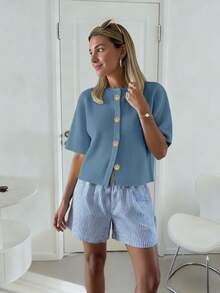 女士时尚法式柔软蜡感宽松针织开衫，女士宽松短款针织毛衣上衣，春夏款 - 霧霾藍 - 查看 3