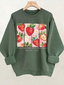 Women'S Casual Strawberry Print Sweatshirt - Soft Round Neck Pullover With "TASTE & SEE THAT THE TORD IS GOOD" Design, Light Green With Vibrant Strawberry & Floral Print, Perfect For Spring & Summergifts For Mom-Free Shipping - 軍綠色 - 查看 1