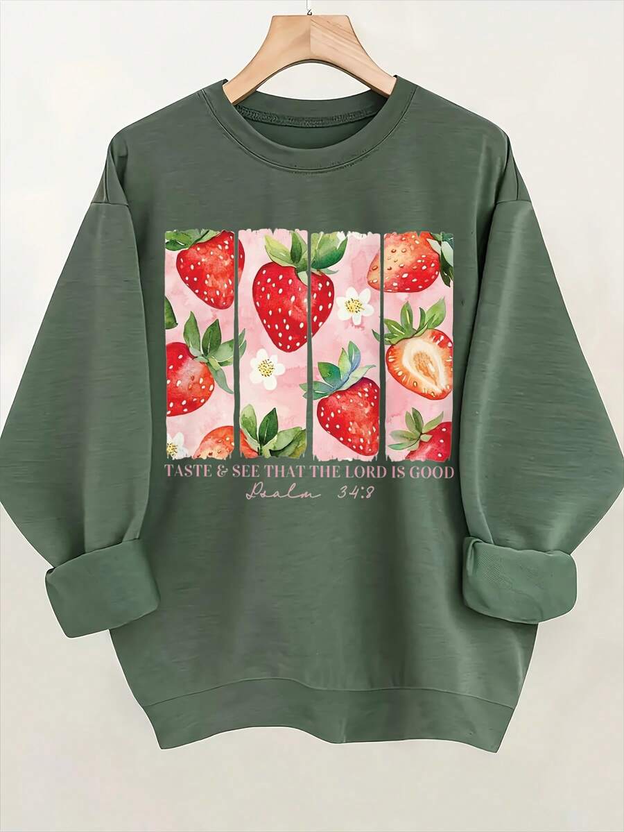 Women'S Casual Strawberry Print Sweatshirt - Soft Round Neck Pullover With "TASTE & SEE THAT THE TORD IS GOOD" Design, Light Green With Vibrant Strawberry & Floral Print, Perfect For Spring & Summergifts For Mom-Free Shipping - 軍綠色 - 查看 1