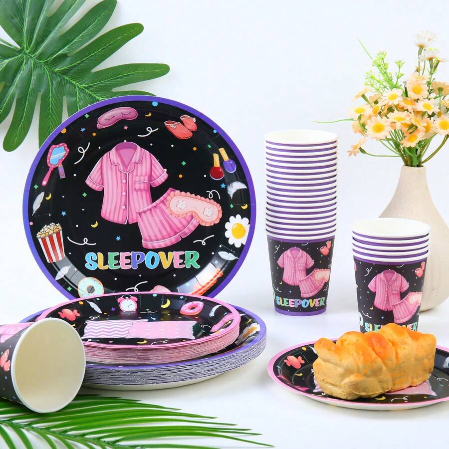 1 Set Disposable Tableware Pajama Outfit, 7/9 Inch Party Plates, Disposable Paper Plates And Cups, Suitable For Holidays, Weddings, Engagements, Weddings, Birthdays, Parties, Celebration Events - Multicolor - View 1