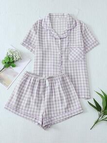 2-Piece Women's Pajama Set With Checkered Bow Print, Cute Sleepwear Set, Short-Sleeved Button-Down Top With Pocket And Comfortable Shorts - 紫色 - 查看 3