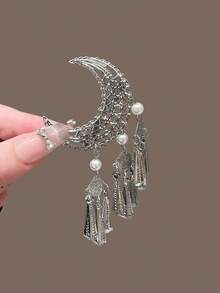 2个新月形流苏发夹，刘海夹和爪夹，用于发型装饰、发卡、发夹、头部配饰、女士发饰、发卡 - 銀色 - 查看 4