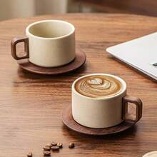 2pcs Retro Style Ceramic Coffee Cup And Saucer Set, Includes Cups Suitable For Holding Coffee And Tea, Coffee Cups Suitable For Saudi National Day Use, Suitable For Home, Entertainment Venues, Yards And Restaurants - Brown - View 2