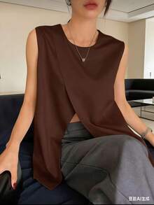 Sleeveless Vest Blouse With Asymmetrical Cut. - Cà phê nâu - Xem 3