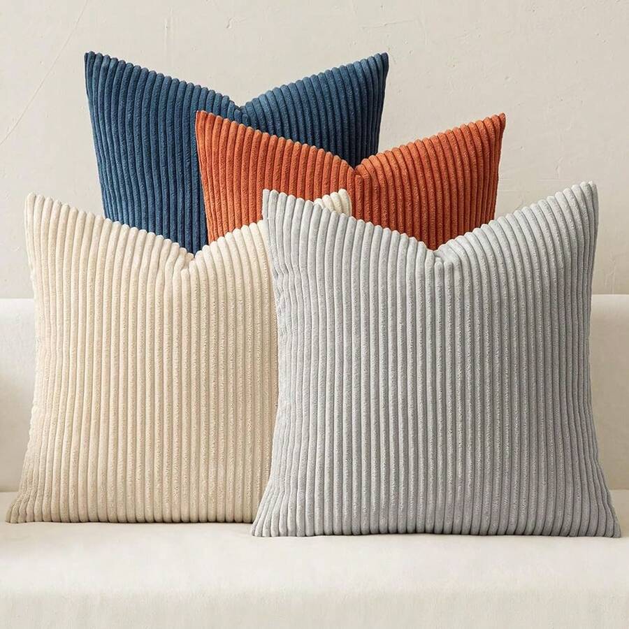 [Free Shipping]MIULEE Boho Farmhouse Throw Pillow Covers 18x18 Inch Set Of 4 Summer Mordern Neutral Cushion Covers Soft Corduroy Nordic Home Decor For Couch Bed Sofa Living Room Blue-Yellow - 藍黃色 18吋 x 18吋 4件裝 - 查看 1