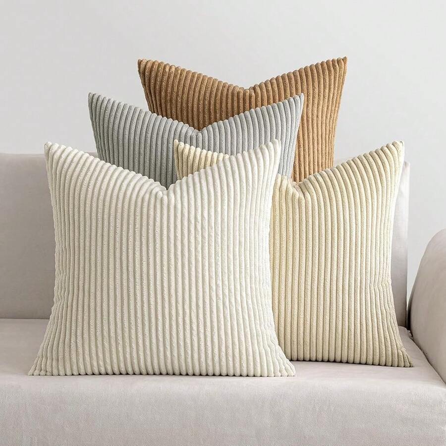 [Free Shipping]MIULEE Boho Farmhouse Throw Pillow Covers 18x18 Inch Set Of 4 Neutral Rustic Decorative Cushion Covers Soft Corduroy Nordic Home Decor For Couch Bed Sofa Living Room - 中性色 18 英吋 x 18 英吋 4 件裝 - 查看 1