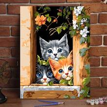 1 Set Adult DIY Acrylic Painting By Numbers Kit, Cute Cat On Windowsill Theme, 40x50cm Unframed Canvas, Suitable For Birthday, Housewarming Gifts, Wall Decor - Multicolor - View 1
