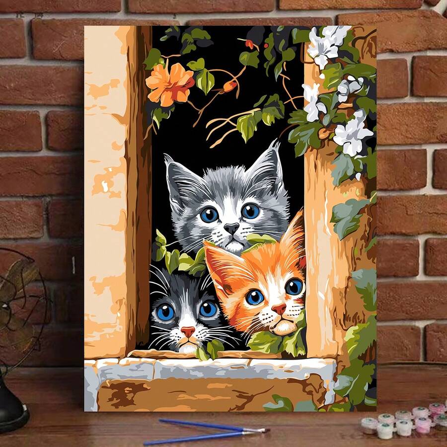 1 Set Adult DIY Acrylic Painting By Numbers Kit, Cute Cat On Windowsill Theme, 40x50cm Unframed Canvas, Suitable For Birthday, Housewarming Gifts, Wall Decor - Multicolor - View 1
