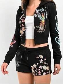 Women's Two-Piece Stylish Printed Short Hoodie Jacket, Sweatpants, Shorts, And Pocket Tracksuit - màu đen - Xem 6
