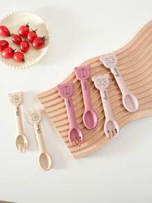 2PCS Print On Demand Baby Silicone Spoon Fork Baby Training Tableware Self Feeding Utensils Baby Shower Gift Baby Essentials Gifts - Multicolor - View 6