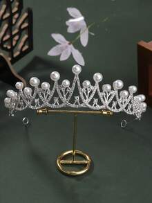 1pc Elegant Women's Headband Hair Accessory, Large Crystal Adorable Crown Rhinestone Headpiece - Pearl - View 5