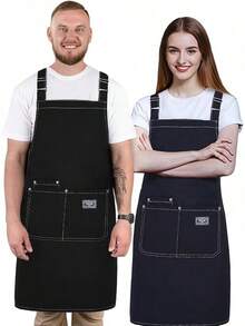 Estilo2 Piezas Delantales Para Mujeres Hombres Lona Impermeable Barbacoa Chef Cocina Delantal De Cocina Ajustable Con 3 Bolsillos Hornear Pintura Arte Estilista RestauranteVersióN Mejorada - Café negro - Ver 11