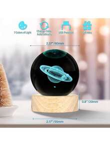 Estilo2Pcs Bola Cristal 3d,3D Luz Nocturna de Bola Lámpara de Sistema Solar y Saturno,Con Base De bola de cristal luz de noche,Decorar La Habitación,Navidad,regalos espaciales para niños.Versión mejorada - Multicolor - Ver 3