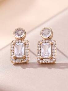 1 Pair Fashionable Minimalist Elegant Cubic Zirconia Women's Earrings, Gold/Silver Plated, Rectangular & Round Crystal Design, Suitable For Daily Wear, Valentine's Day Gift, Ramadan Distribution, Ramadan Dishes, Eid Al-Fitr Gift, Eid Al-Fitr Giveaway - Earrings - View 6
