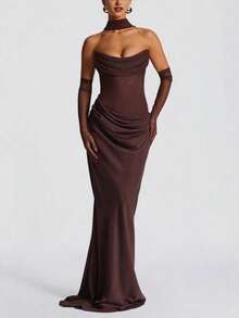 New Women's Clothing Temperament Elegant Fashion Gloved Pleated Dress - màu nâu - Xem 1